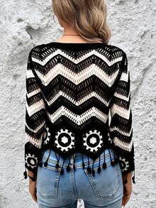blusa tejida  Zigzag  Estampado Integral    Casual  Bohemio    Tela tejida    Flecos    Diario - Blanco y Negro - Ver 2