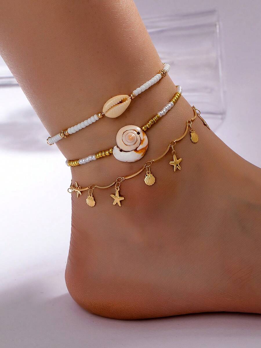 3 Pcs Summer Sea Beach Style Anklets Set , Starfish Shell Foot Chain Ankle Bracelets , Bohemia Boho White Seed Beaded Anklet Suitable For Beachy Travel , Party , Seaside Bikini Outfit Accessories - Multicolor - View 1