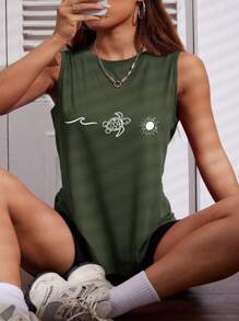 Women's Casual Versatile Turtle Print Sleeveless Tank Top, Military Green