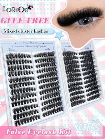 FQBFQB Kit de extensión de pestañas DIY de 408 piezas/168 piezas con pestañas individuales en racimos izquierda y derecha de estilo D-curl de 8-16 mm, de aspecto natural, extra grueso y tipo manga, ligero y duradero para principiantes, para uso en casa, diario, fiestas, viajes, festivales de música y el Día de la Madre