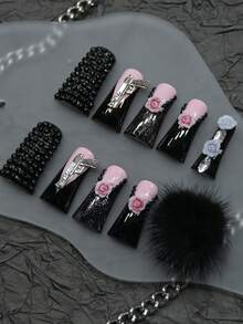 CrystalHola 10 Pcs Handmade Fake Nail Press On Nail ,Duck Nails, Black ,Acrylic Nail Kit 3D Rhinestone Glitter Shiny Artificial Gems,Heart,Cute, Bow,3D Flower,Y2K ,Nail Stickers, Valentine Charm Nails French Tip Nail Design Nail Art Suitable For Daily Wear ,Ideal Gift DIY Christmas Decor Beauty Popular Gift Suitable For Girls And Women To Wear - 彩色 - 查看 4