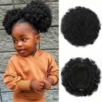 Children 2Pcs Afro Puffs Kinky Curly Hair Bun For Kid's Natural Black Synthetic Wigs, Premium Short Synthetic Afro Puff Ponytail, Clip On Kinky Drawstring Curly Ponytail Bun Essential Suitable For Adults And Children, Can Be Worn As Parent-Child Hair Accessories