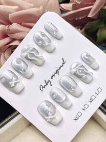 10PCS White Press On Nails Short Coffin Nails, Summer Nails, French Nail Supplies, Cat Eye, Bow Short Nails Home DIY Nail Design Full Coverage Fake Nail Tips Artifical Fingernails For Women And Girls Manicure Supplies Office Daily Wear False Nails, Purely Hand-Wear Nails, Handmade Press On Nails