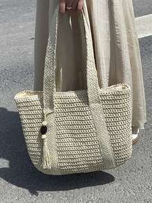 Large Capacity Tote Bag Hand-Held Straw Bag Shoulder Bag Seaside Vacation - Beige - View 6