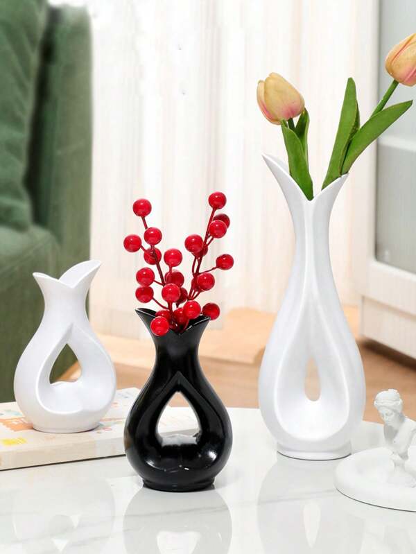 1pc White & Black Plastic Vase, Artificial Dried Flower Vase, Unbreakable Small Vase, Floral Arrangement Vase, Simple Decor For Living Room, Dining Table, Wedding, Valentine"S Day