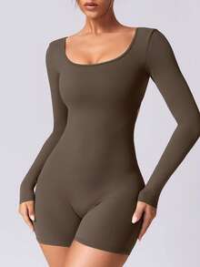 NcmRyu 1 pieza Mono con diseño fruncido en forma de V para levantar el trasero de mujer para correr, gimnasio, entrenamiento - Café integral - Ver 5