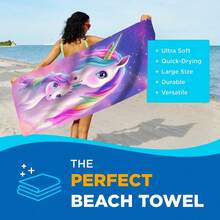 1 pièce Serviette de plage personnalisée grande avec design arc-en-ciel licorne colorée, convenant à un usage extérieur, camping, natation, vacances, excellent cadeau et accessoire de plage essentiel - Violet - Voir 9