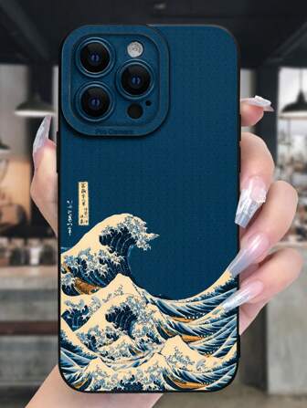 Blau-Wellen-bemalte, perforierte, schwarz bemalte, minimalistische Mode-Schockschutz-Handyhülle kompatibel mit iPhone 16/11/16pro/16plus/16promax/16e/15Promax/13/14/12/XS/XR/7G/8P, wasserdicht, stoßfest, kratzfest