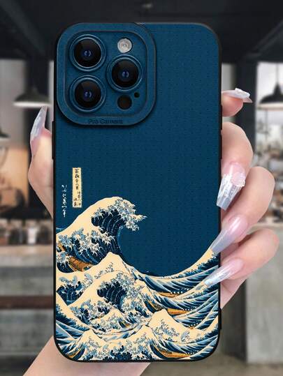 Blue Wave Painted Perforated Black Painted Minimalist Fashion Shockproof Phone Case Compatible With IPhone 16/11/16pro/16plus/16promax/16e/15Promax/13/14/12/XS/XR/7G/8P Waterproof Anti-Fall Scratch Resistant