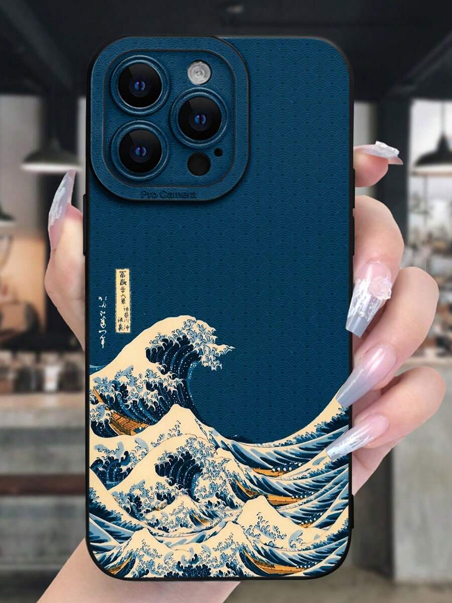 蓝色波浪彩绘穿孔黑色彩绘简约时尚防震手机壳适用于 16/11/16pro/16plus/16promax/16e/15Promax/13/14/12/XS/XR/7G/8P 防水防摔防刮 - 彩色 - 查看 1