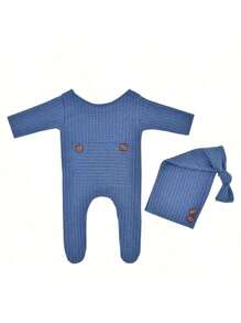 Conjunto de Roupas Macacão de Tricô de Manga Longa com Gorro para Recém-Nascido, Roupas de Fotografia para Bebês Meninos, Roupa para Sessão Fotográfica de Crianças Pequenas