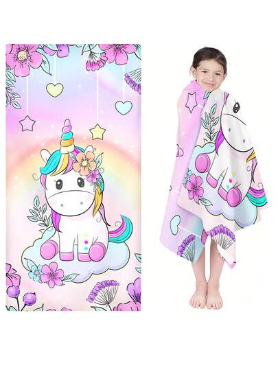 1 件装儿童彩虹独角兽浴巾 - 超柔软吸水棉卡通马儿童毛巾，适合幼儿女孩和男孩
