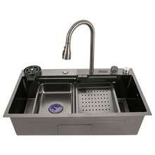 Waterfall Sink With Digital Display, Multifunctional Workstation Sink, Kitchen Sink With Pull-Out Faucet