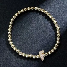 1 件简约黄铜和立方字母串珠弹性手链，适合女士 - 金色 - 查看 21