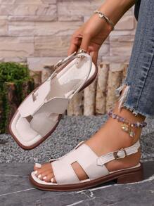 Sandalias planas para mujer, sandalias casuales de unicolor con tira y hebilla, de punta abierta y deslizamiento, cómodas para uso al aire libre