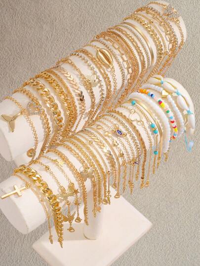 3/6/22pcs Boho Chic Cross, Butterfly, Heart, Shell, Fish Tail, Devil's Eye, Beaded Anklet Set For Women, Summer Beach/Party/Daily Wear