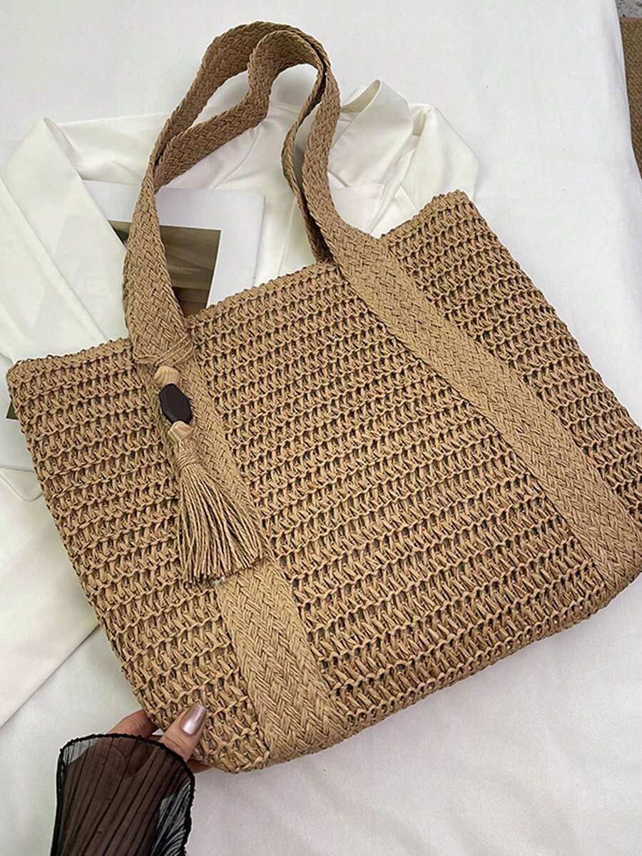Large Capacity Tote Bag Hand-Held Straw Bag Shoulder Bag Seaside Vacation - Khaki - View 1