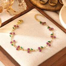 1 pièce Bracelet décoratif en acier inoxydable plaqué or 18K avec des cerises colorées, mode pour les fêtes, les rendez-vous et le travail