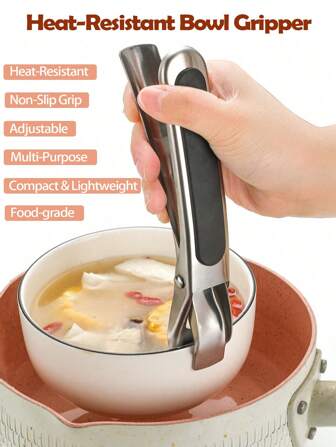 不锈钢碗夹，带硅胶防滑手柄 - 耐热盘子升降器，适用于烹饪、烘焙和上菜，可用洗碗机清洗，紧凑型厨房工具（1 件装）