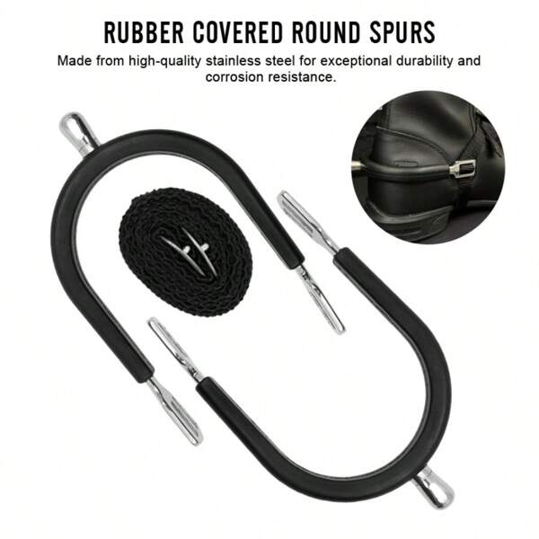 Set de 2 espuelas, espuelas estilo inglés con revestimiento de goma negra, nuevas espuelas de aleación con recubrimiento de goma y espuelas redondas - con correa de espuela de nailon, equipo ecuestre, talla S/M/L