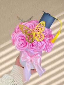 100Pcs Ribbon Bouquet Eternal Rose Bouquet DIY Ribbon Rose Bouquet Handmade Flower Bouquet, Ramo Buchon, Holiday Girfs, Wedding Birthday Bouquet,Randomly Send Two Different Technologies (Punching Or Heat Stamping) - Multicolor - View 6