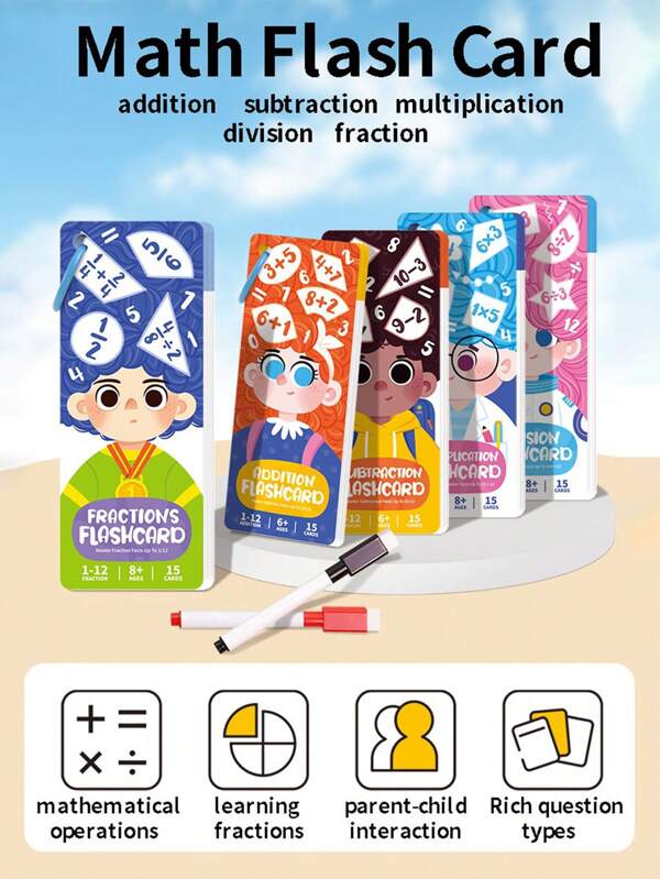 Children's Addition Subtraction Multiplication Division Math Learning Flash Cards, Fraction Learning Aids, Educational Cognitive Toys