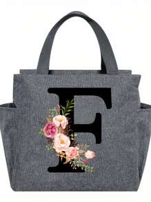 1pc Elegant Floral & Letter Tote Bag - Insulated Lunch Bag, Made Of Durable Polyester, Grey With Pink Flowers & Green Leaves, Suitable For Office, School And Outdoor Picnic