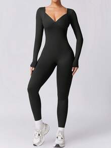 NcmRyu 1pc Women's Fashionable Minimalist Elastic Sports Jumpsuit - Black - View 2