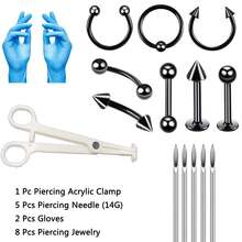 16Pcs/Sets Body Piercing Tools Kit,14G Piercing Needles,Piercing Clamps For Nose Septum Lip Tongue Eyebrow Rings Ear Piercing Jewelry Kit Tools - Blue Gloves - View 3