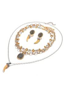5pcs Multi-Layer Tooth-Shaped Pendant Necklace & Earrings Set, Fashion Engraved Medal And Ox Horn Pendant Metal Chain Necklace Earrings Set, Inlaid With Various Metal Pieces With Knotted Rope And Metal Chain Links, Suitable For Women Party, Daily Wear, Gift (Pendant Position Random)