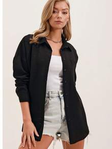 Camisa grande básica, camisa casual de unicolor con bolsillo con botones delanteros - Negro - Ver 3