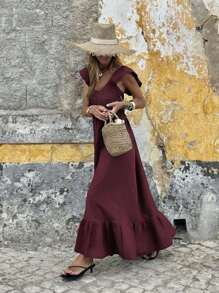 Vestido largo elegante de manga de vuelo con diseño elegante, vestido de verano cómodo y sencillo de unicolor para vacaciones, vestido casual de moda rojo para mujer
