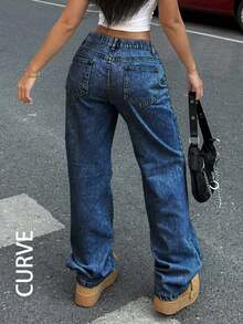 Medium Waist Women's Wide Leg Jeans In Plus Size, Straight Leg Shape, Loose Elastic, Comfortable, Classic And Casual With Pockets(The Size Is Too Large, It Is Recommended To Take A Smaller Size) - Rửa tối - Xem 2