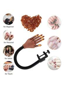 Movable Arm Nail Practice Hand - Flexible Adjustable Fake Mannequin Hand With 3 Fingers & 100Pcs Refill Nail Tips - Professional Training Tool For Nail Art Beginners, Nail Tech Students, Salon Trainees - Home Practice Studio, Nail Salon Classroom Essential