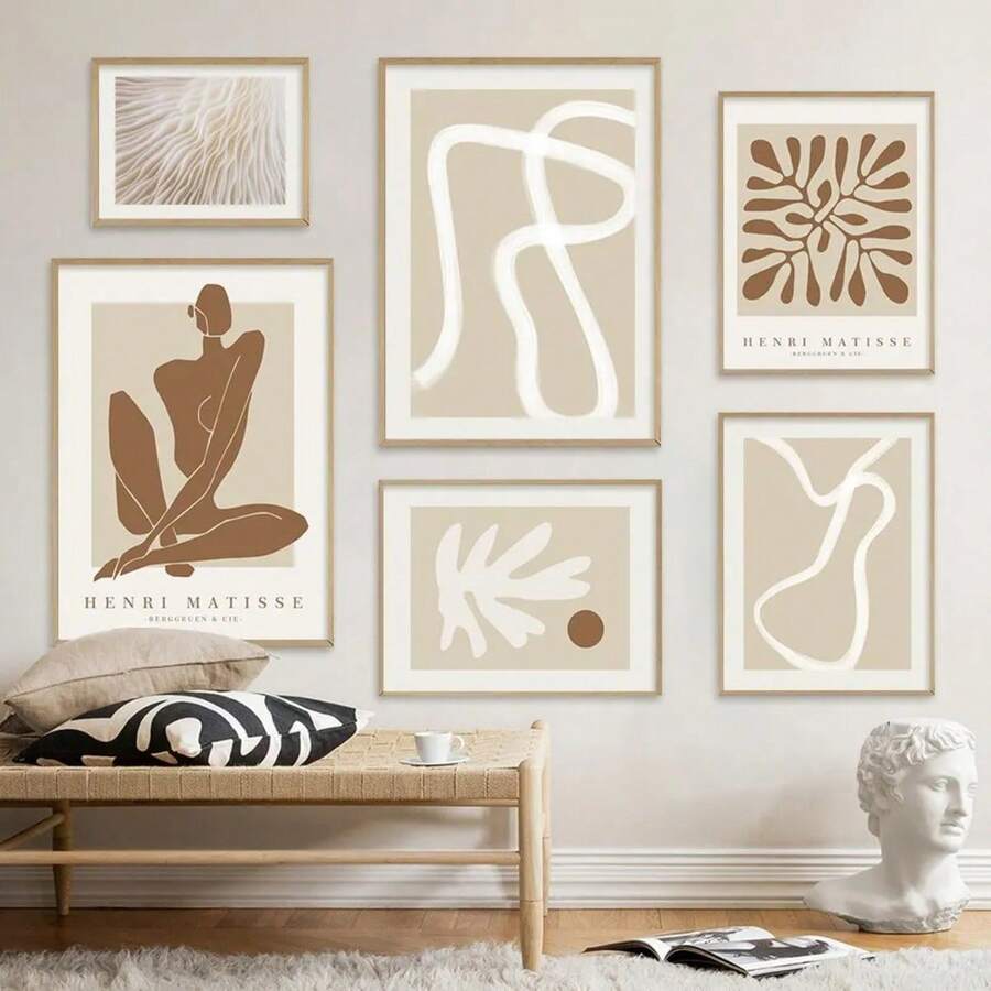 1pc Gift Modern Boho Abstract Matisse Beige White Line Wall Arts Posters Minimalist Canvas Paintings Print Picture For Living Room Interior Home Optional Frame - Multicolor - View 1