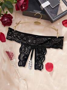 Women's Black Sexy Semi-Sheer Lace Open Crotch G-String Panty, Faux Pearls Chain Lingerie For Going Out - Black - View 3