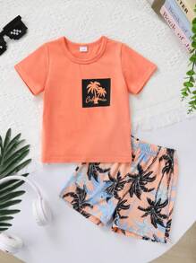 Conjunto de 4 piezas de ropa informal y linda para niño bebé, que incluye camisetas de manga corta de cuello redondo suaves, transpirables y cómodas, y shorts con estampado de árboles de coco en estilo de playa, adecuados para uso diario, vacaciones y fiestas
