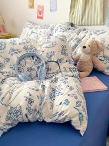 1 Set Juego de Ropa de Cama con Estampado de Conejo Azul Klein de 4 Piezas, Estilo Boceto Suave y Cómodo Adecuado para Todas las Estaciones para el Hogar, Hotel, Decoración de Dormitorio, (1 Edredón + 1 Sábana Plana + 2 Fundas de Almohada), Patrón de Funda de Almohada Aleatorio