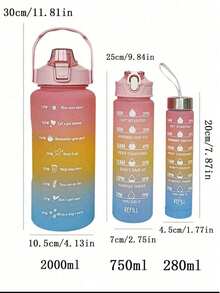 1个2升或750毫升大容量玫瑰渐变色PC水瓶，运动健身便携吸管杯，适合居家、旅行和户外使用 - 玫紅色 - 查看 2