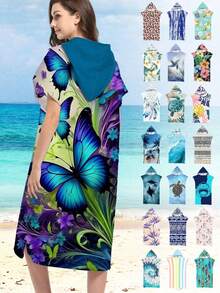 1pc Butterfly & Floral Pattern Hooded Cloak Robe, Lightweight Wearable Beach Towel For Surfing, Swimming, Bathing, Outdoor Sports, Adult Hooded Towel Robe Back To School - Multicolor - View 11