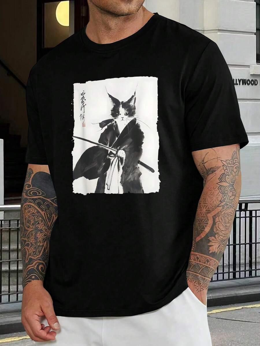 Camiseta con estampado de gato samurái - Camiseta gráfica de arte japonés para hombres y mujeres - Diseño único de gatito guerrero - Camiseta informal de streetwear inspirada en anime manga - Regalo para marido - Negro - Ver 1