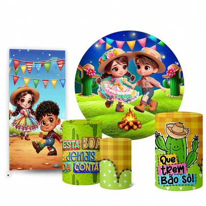 Trio Capas Cilindro + Painel Redondo + Painel Lateral Romano Festa Junina