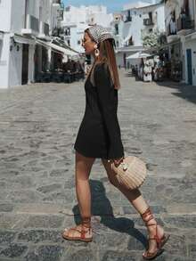 女士纯色简约休闲优雅减龄沙滩度假性感镂空薄纱袖罩衫迷你连衣裙，春夏度假黑色 - 黑色 - 查看 5