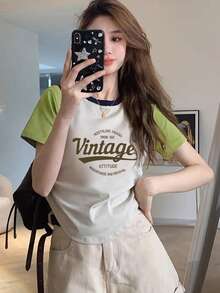 女式夏季短袖 T 恤，拼布撞色圆领字母印花休闲上衣，适合日常穿着和度假 - 綠色 - 查看 5