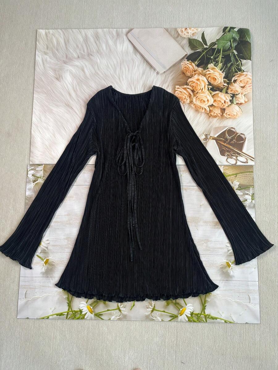 Plus Size V-Neck Belted Flare Sleeve Mini Dress - Solid Color, Elegant