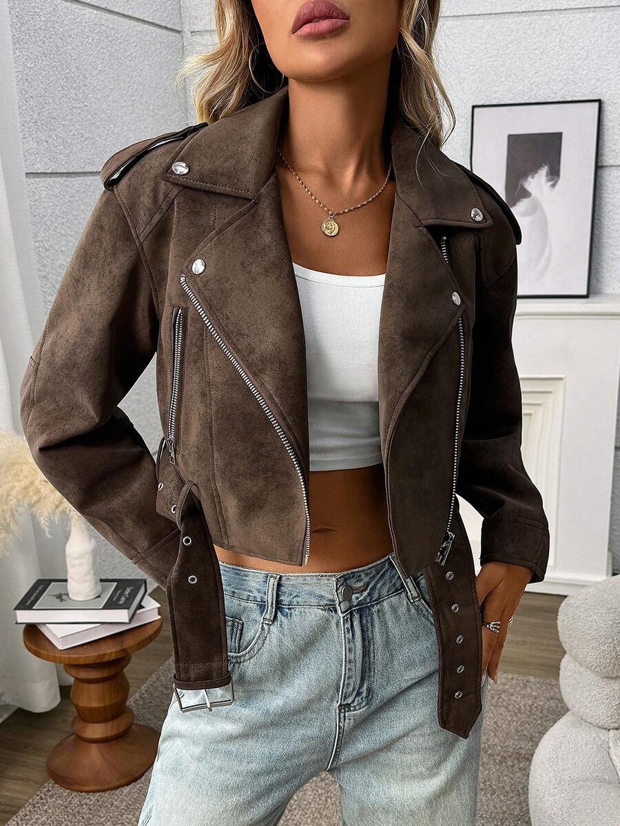 Veste courte  synthétique pour femmes, veste moto unie, veste bomber, vêtement décontracté, avec ceinture