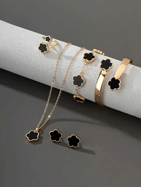 6pcs/Set Lucky Clover Design Bracelet, Necklace, Earrings, Bangle & Ring Set