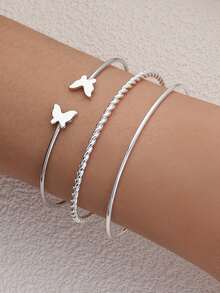 3入組/套時尚樹葉和圓球裝飾開口手鐲適合女士日常裝飾 - 銀色 - 查看 2