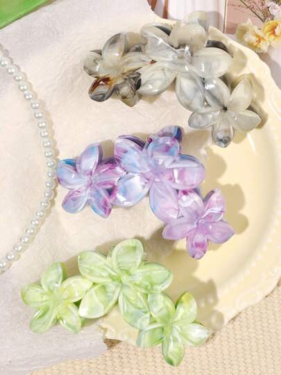 3 件套春夏彩色大理石图案发夹，大尺寸花卉波西米亚风海滩发饰发爪发夹发夹发夹发夹，爪夹