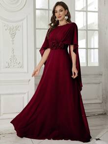 SUPGIR Đầm dạ hội dài tay hở lưng cổ tròn họa tiết hoa 3D thủ công cho nữ, váy dài màu hồng thanh lịch - Màu Đỏ Sâu - Xem 5